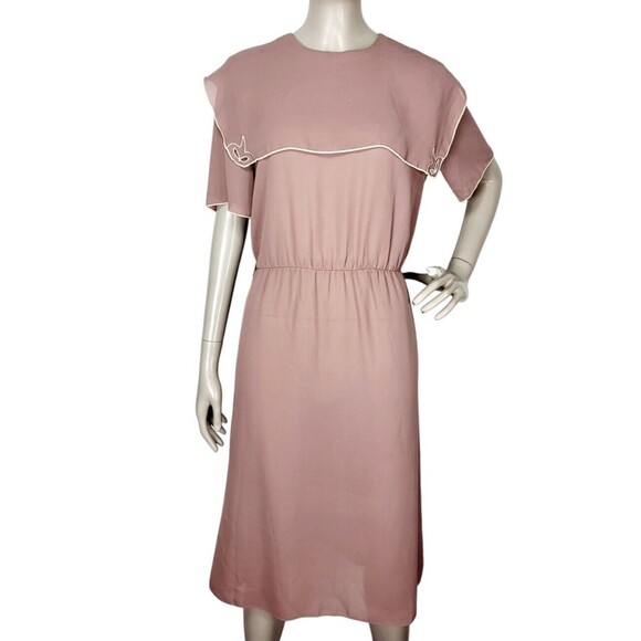 Vintage Mindy Malone 80s Mocha Chiffon Sailor Capelet Neckline Sheath Dress S/M - Picture 2 of 7